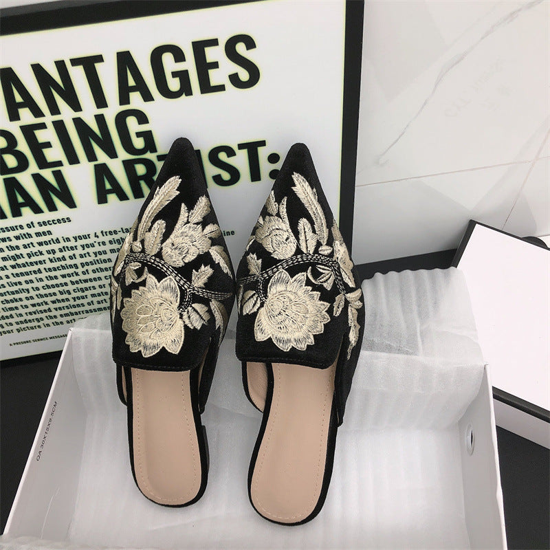 Elegant Mules for Women with Pointed Toe Embroidered Floral Slip On Flat Style