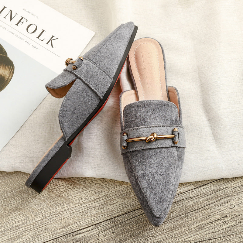 Elegant Mules for Women with Pointed Toe Knot Buckle Slip On Flat Style