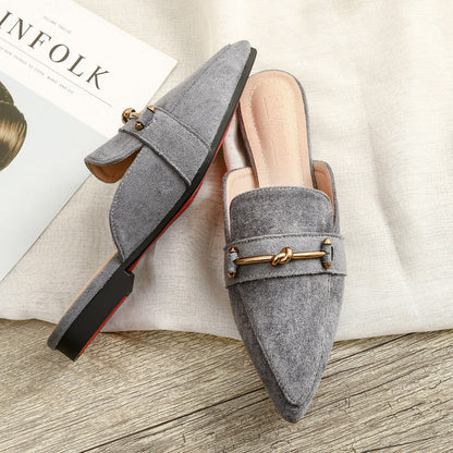 Elegant Mules for Women with Pointed Toe Knot Buckle Slip On Flat Style