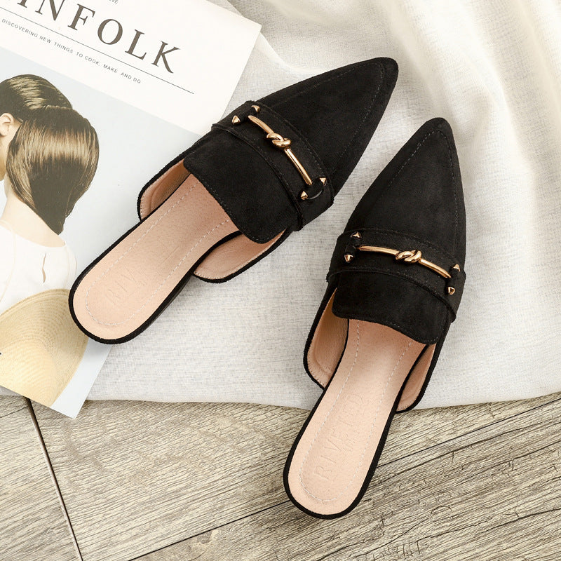 Elegant Mules for Women with Pointed Toe Knot Buckle Slip On Flat Style