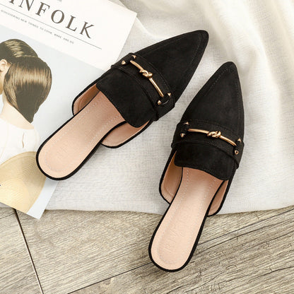 Elegant Mules for Women with Pointed Toe Knot Buckle Slip On Flat Style