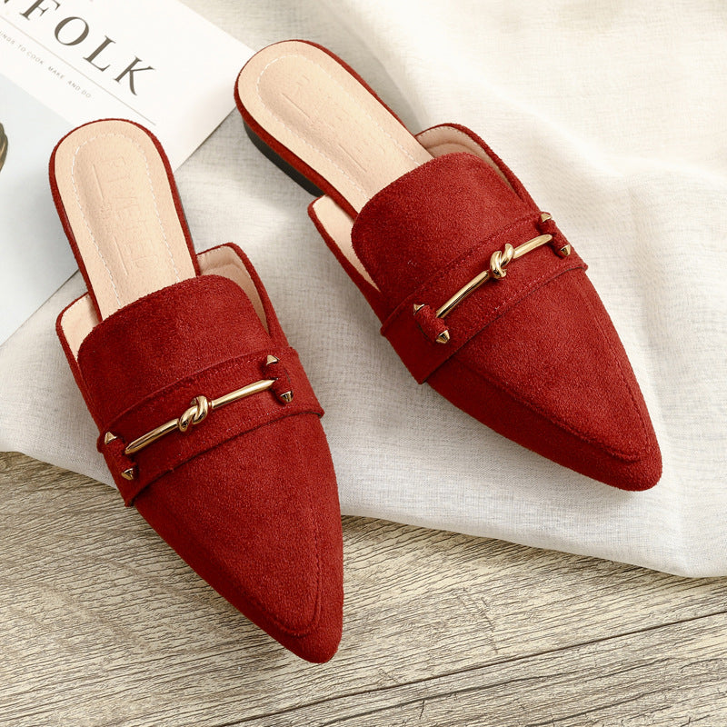 Elegant Mules for Women with Pointed Toe Knot Buckle Slip On Flat Style