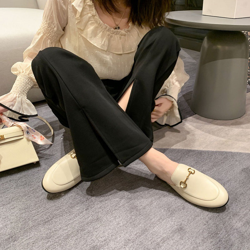 Comfortable Mules for Women with Round Toe Chain Buckle Slip On Flat Loafer Style