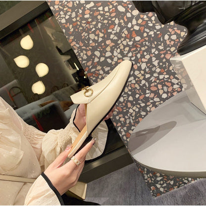 Comfortable Mules for Women with Round Toe Chain Buckle Slip On Flat Loafer Style