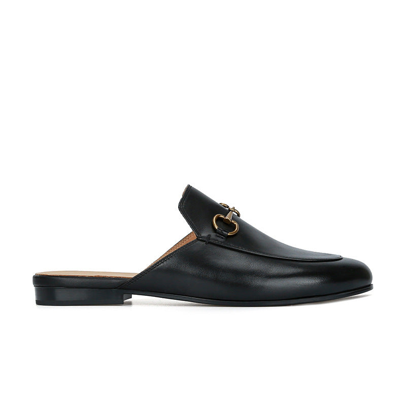 Comfortable Mules for Women with Round Toe Chain Buckle Slip On Flat Loafer Style