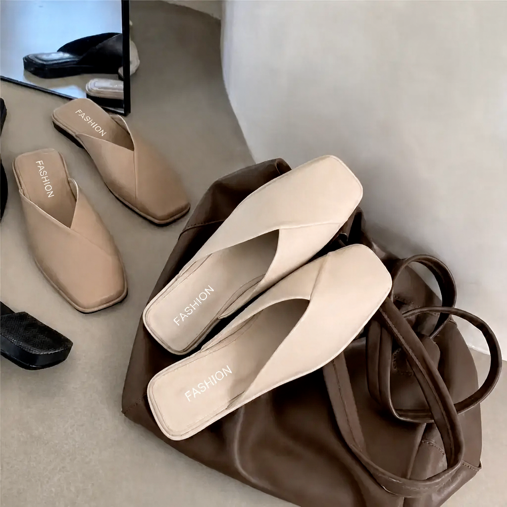 Comfortable Mules for Women with Square Toe Slip On Flat Slide Style