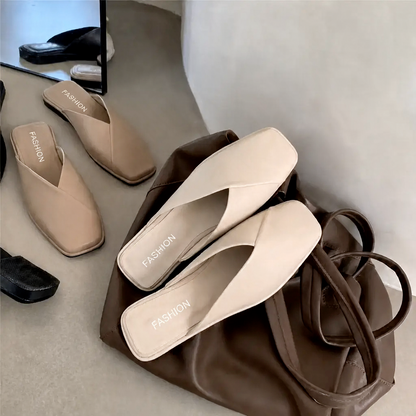 Comfortable Mules for Women with Square Toe Slip On Flat Slide Style