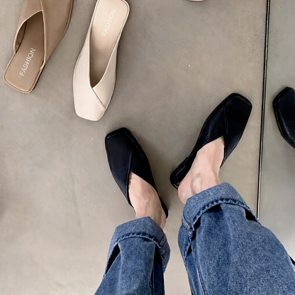 Comfortable Mules for Women with Square Toe Slip On Flat Slide Style