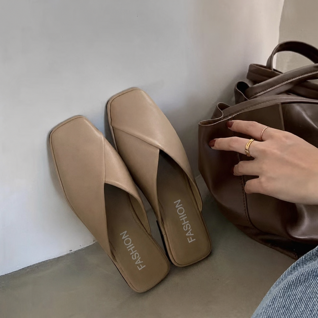 Comfortable Mules for Women with Square Toe Slip On Flat Slide Style