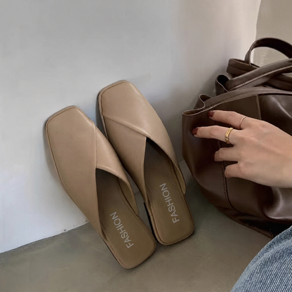 Comfortable Mules for Women with Square Toe Slip On Flat Slide Style