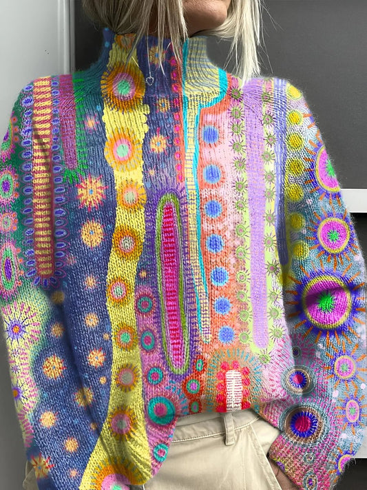 Comfortable Multicolor Abstract Print Sweater for Women with Mock Neck Long Sleeve Oversized Knit Style