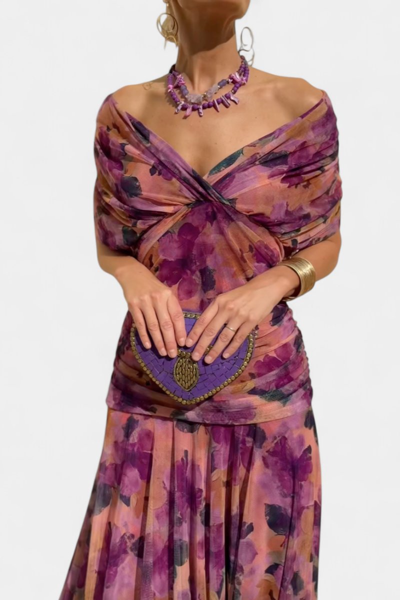 Elegant Mesh Maxi Dress for Women with Off Shoulder Twist Front Ruched Fall Wedding Guest Style