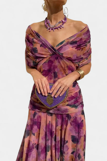 Elegant Mesh Maxi Dress for Women with Off Shoulder Twist Front Ruched Fall Wedding Guest Style