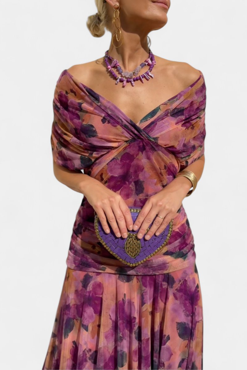 Elegant Mesh Maxi Dress for Women with Off Shoulder Twist Front Ruched Fall Wedding Guest Style