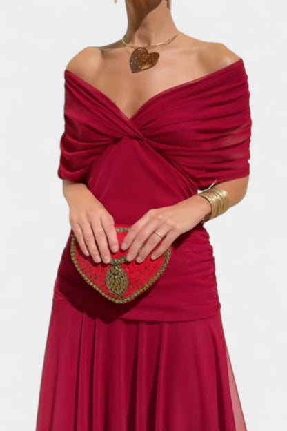 Elegant Mesh Maxi Dress for Women with Off Shoulder Twist Front Ruched Fall Wedding Guest Style