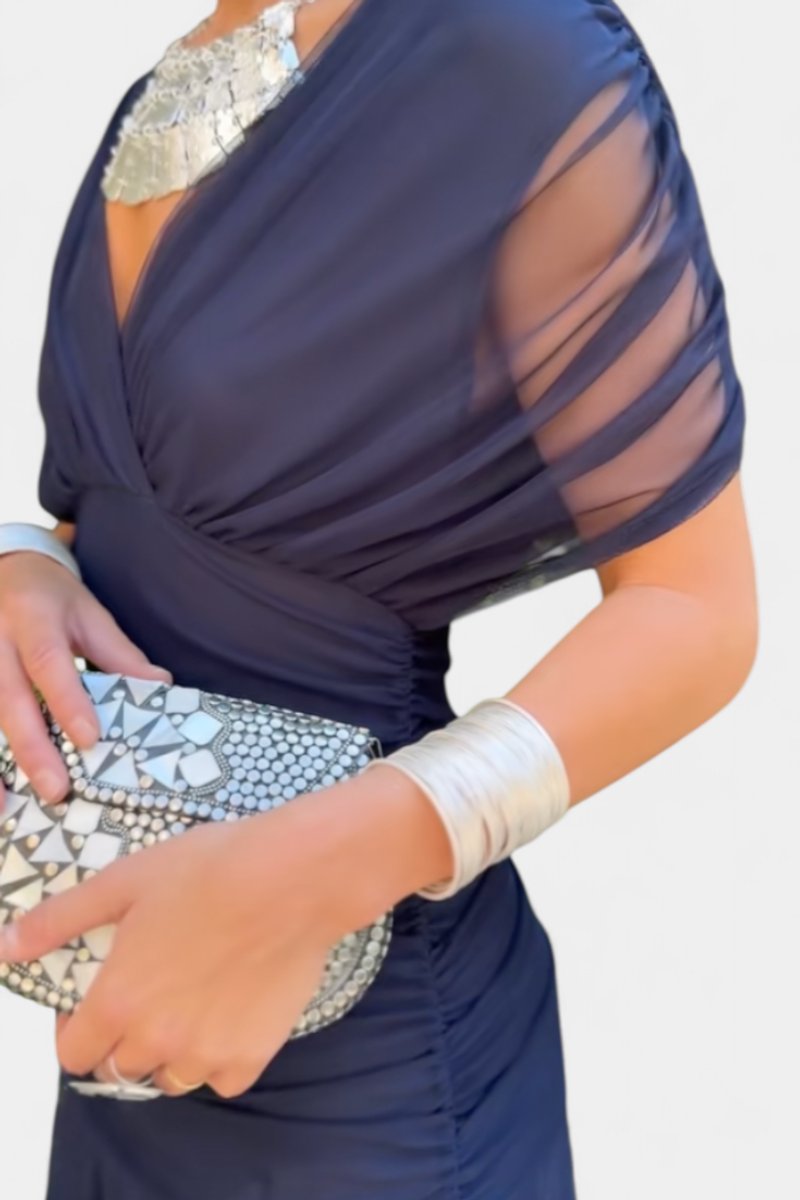 Elegant Mesh Maxi Dress for Women with Off Shoulder Twist Front Ruched Fall Wedding Guest Style
