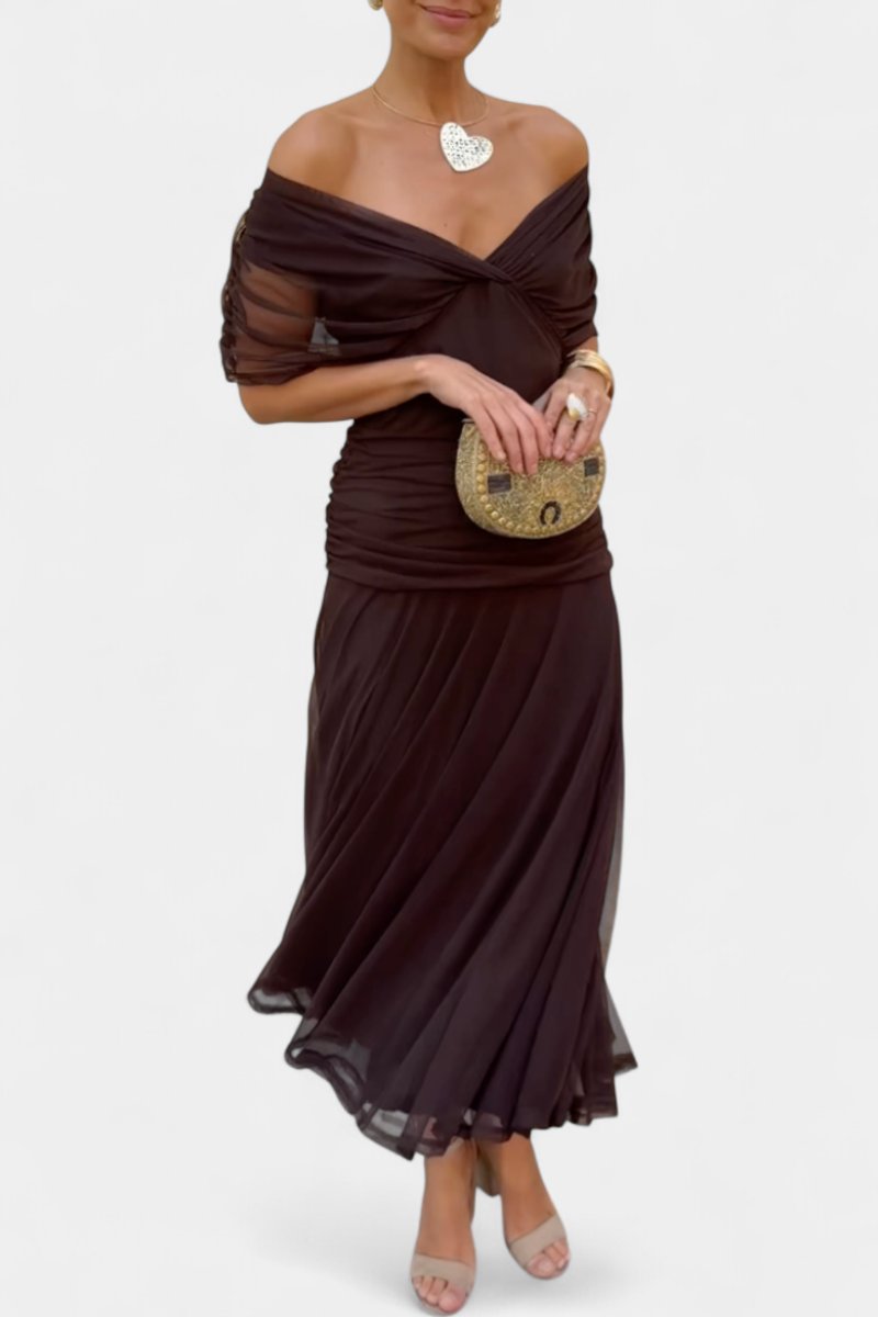 Elegant Mesh Maxi Dress for Women with Off Shoulder Twist Front Ruched Fall Wedding Guest Style