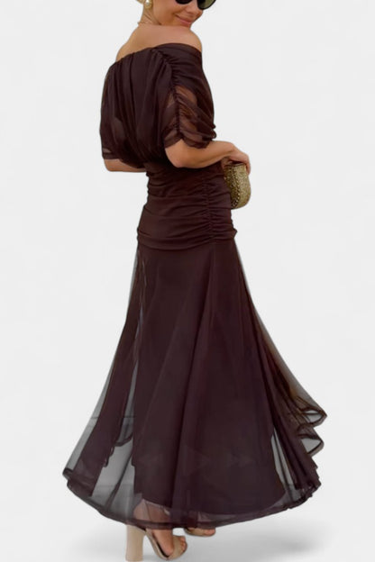 Elegant Mesh Maxi Dress for Women with Off Shoulder Twist Front Ruched Fall Wedding Guest Style
