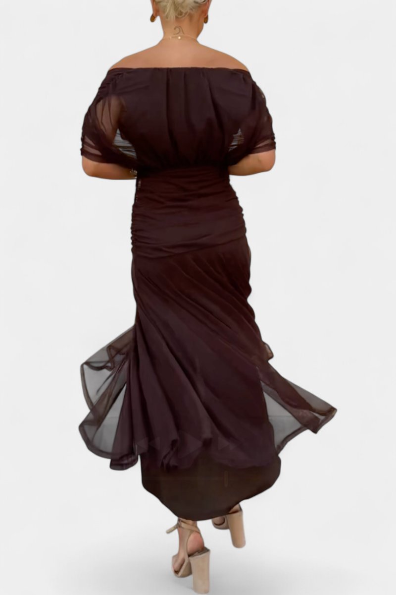 Elegant Mesh Maxi Dress for Women with Off Shoulder Twist Front Ruched Fall Wedding Guest Style