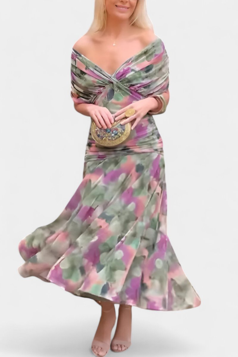 Elegant Mesh Maxi Dress for Women with Off Shoulder Twist Front Ruched Fall Wedding Guest Style