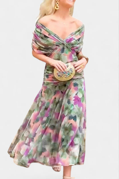 Elegant Mesh Maxi Dress for Women with Off Shoulder Twist Front Ruched Fall Wedding Guest Style