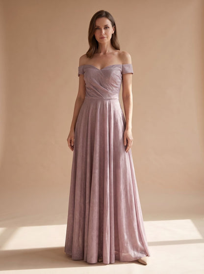 Elegant Mauve Glitter Wedding Guest Gown for Women with Off-Shoulder Sweetheart Pleated Floor-Length Formal Style