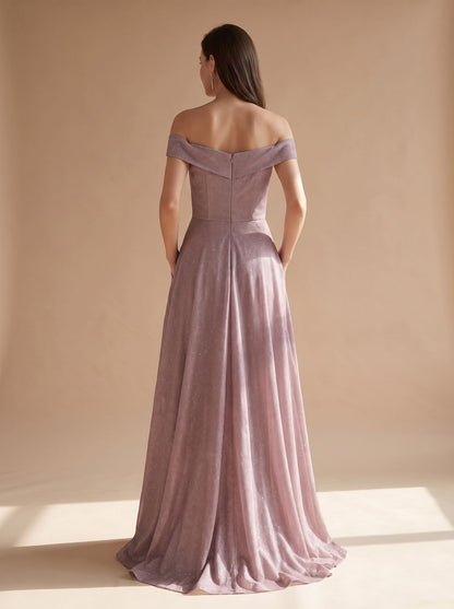 Elegant Mauve Glitter Wedding Guest Gown for Women with Off-Shoulder Sweetheart Pleated Floor-Length Formal Style
