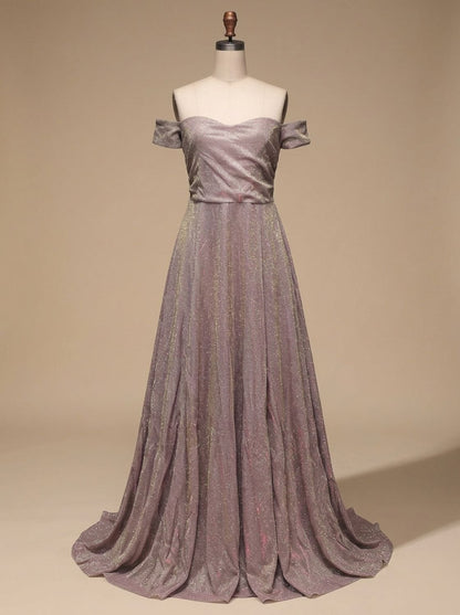 Elegant Mauve Glitter Wedding Guest Gown for Women with Off-Shoulder Sweetheart Pleated Floor-Length Formal Style