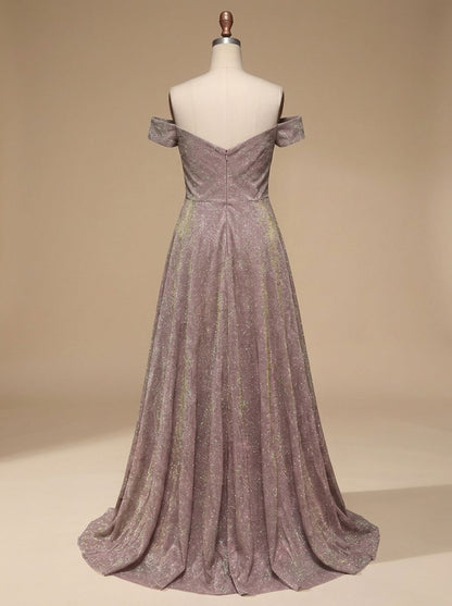 Elegant Mauve Glitter Wedding Guest Gown for Women with Off-Shoulder Sweetheart Pleated Floor-Length Formal Style
