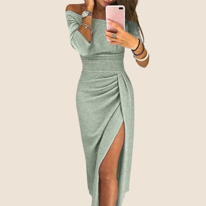 Elegant Green Wedding Guest Dress for Women with One Shoulder Ruched Side Split Midi Formal Style