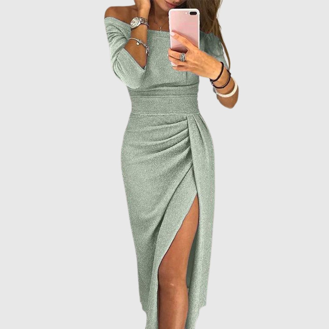 Elegant Green Wedding Guest Dress for Women with One Shoulder Ruched Side Split Midi Formal Style