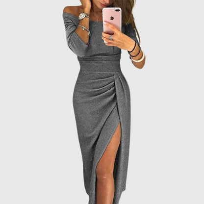 Elegant Green Wedding Guest Dress for Women with One Shoulder Ruched Side Split Midi Formal Style