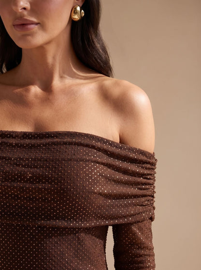 Elegant Brown Sequin Wedding Guest Gown for Women with Off-Shoulder Long Sleeve Floor-Length Fall Style