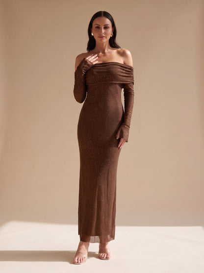 Elegant Brown Sequin Wedding Guest Gown for Women with Off-Shoulder Long Sleeve Floor-Length Fall Style