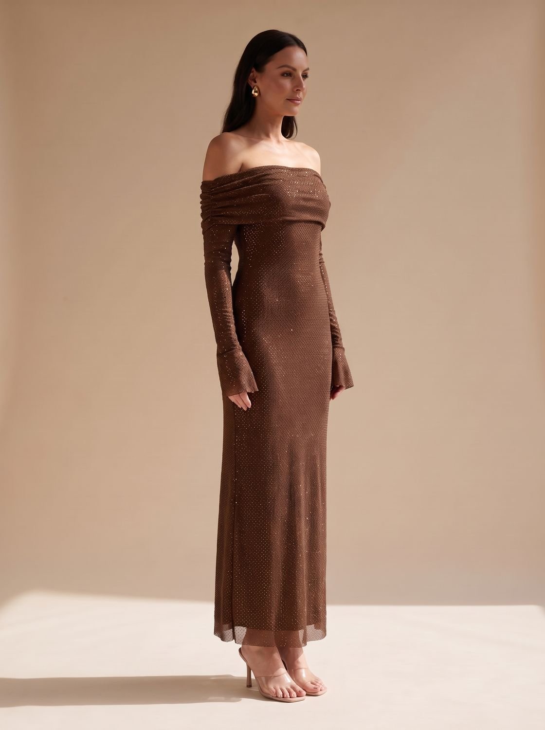 Elegant Brown Sequin Wedding Guest Gown for Women with Off-Shoulder Long Sleeve Floor-Length Fall Style
