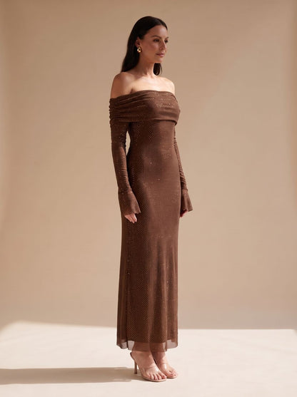 Elegant Brown Sequin Wedding Guest Gown for Women with Off-Shoulder Long Sleeve Floor-Length Fall Style