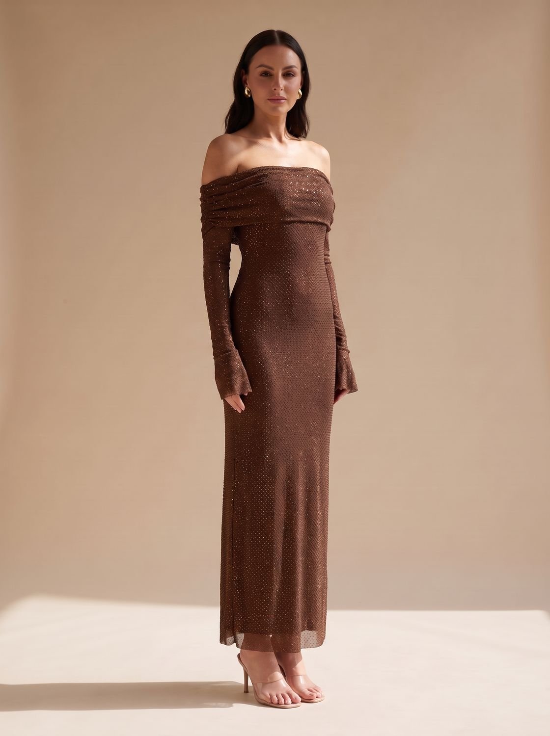 Elegant Brown Sequin Wedding Guest Gown for Women with Off-Shoulder Long Sleeve Floor-Length Fall Style