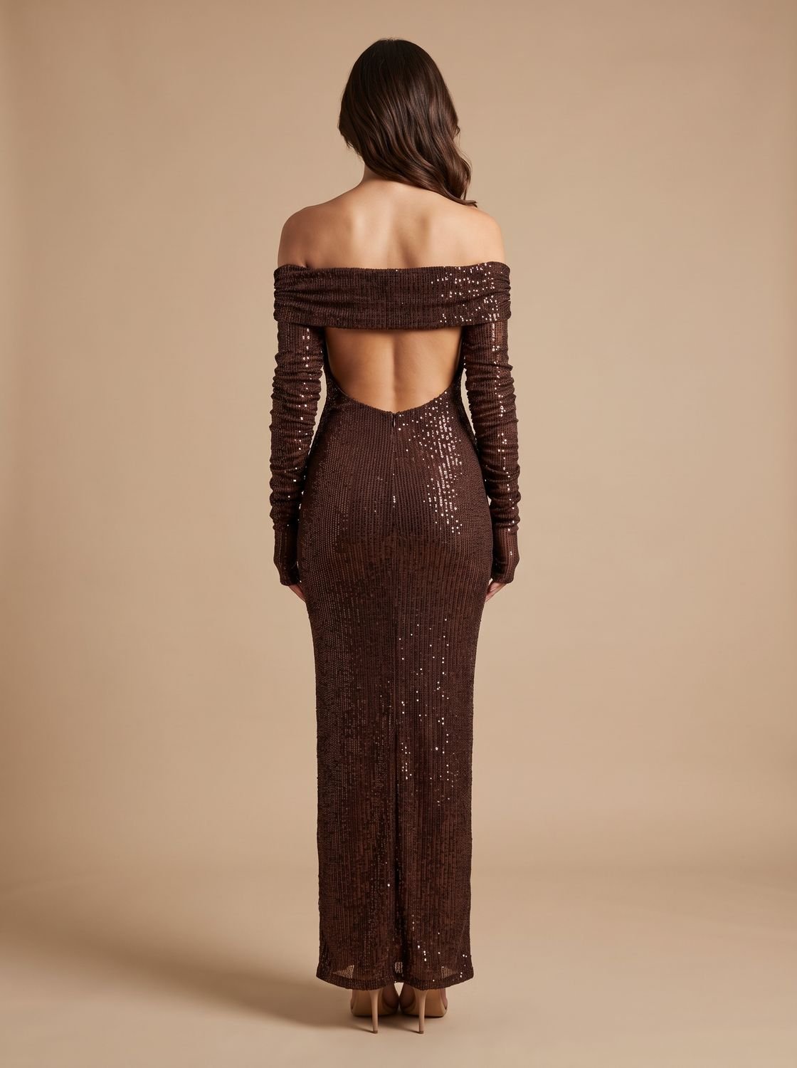 Elegant Brown Sequin Wedding Guest Gown for Women with Off-Shoulder Long Sleeve Floor-Length Fall Style