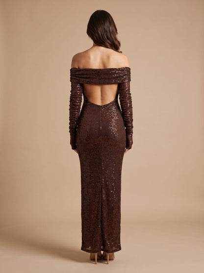 Elegant Brown Sequin Wedding Guest Gown for Women with Off-Shoulder Long Sleeve Floor-Length Fall Style