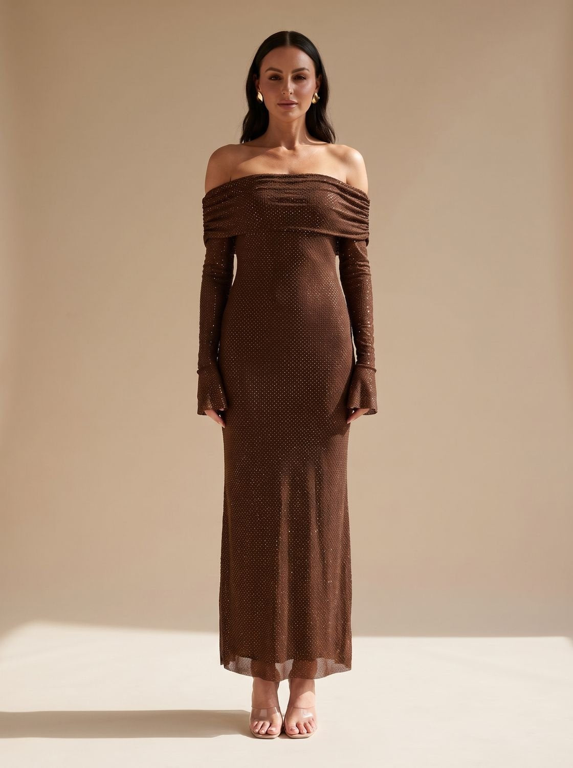 Elegant Brown Sequin Wedding Guest Gown for Women with Off-Shoulder Long Sleeve Floor-Length Fall Style