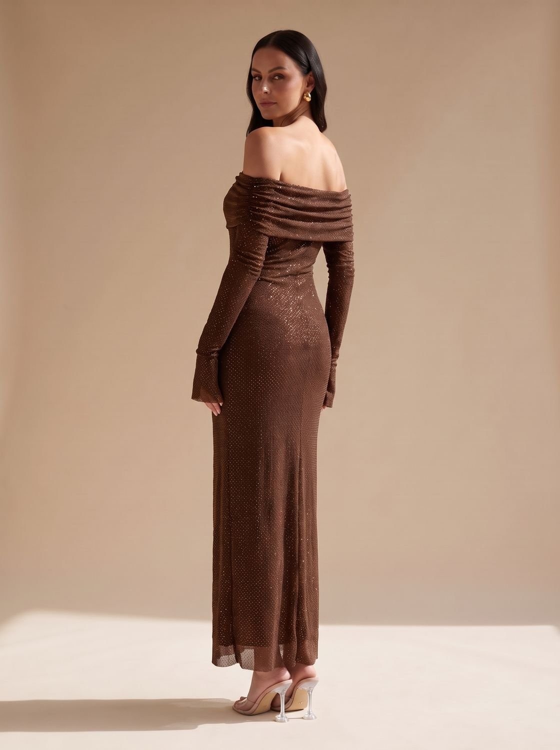 Elegant Brown Sequin Wedding Guest Gown for Women with Off-Shoulder Long Sleeve Floor-Length Fall Style