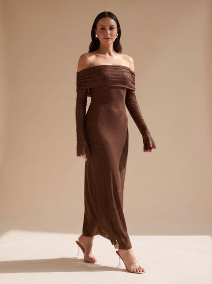 Elegant Brown Sequin Wedding Guest Gown for Women with Off-Shoulder Long Sleeve Floor-Length Fall Style