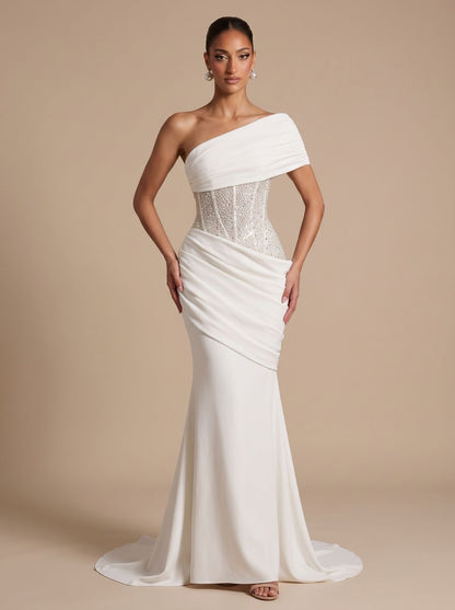 Elegant Formal Wedding Guest Gown for Women with One-Shoulder Embellished Corset Draped Floor-Length Style