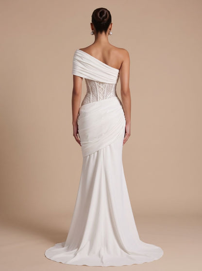 Elegant Formal Wedding Guest Gown for Women with One-Shoulder Embellished Corset Draped Floor-Length Style