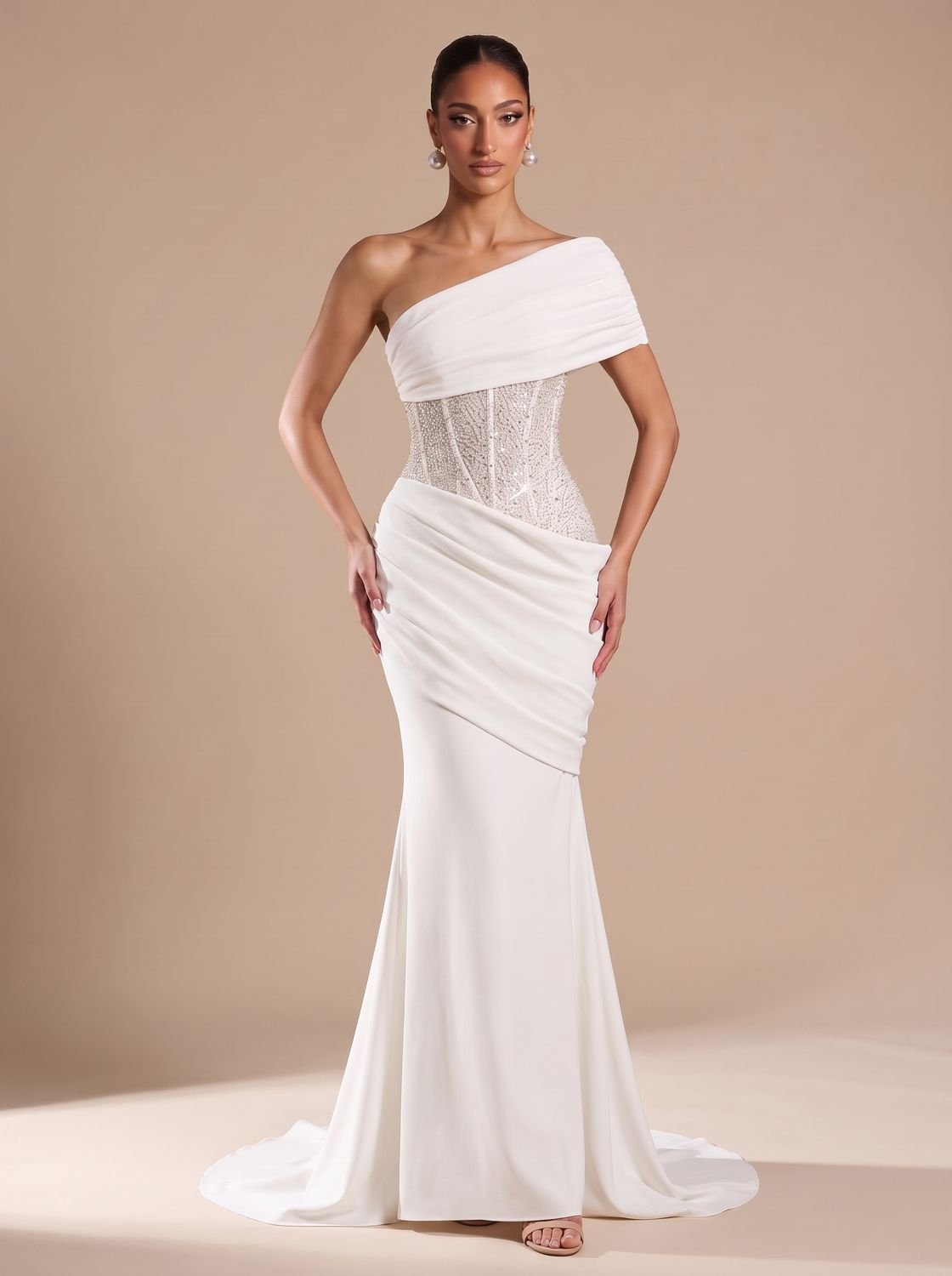 Elegant Formal Wedding Guest Gown for Women with One-Shoulder Embellished Corset Draped Floor-Length Style