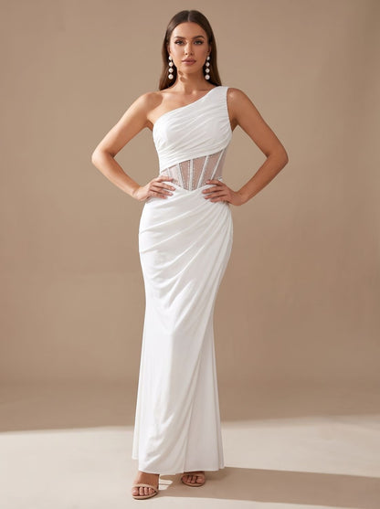 Elegant Formal Wedding Guest Gown for Women with One-Shoulder Embellished Corset Draped Floor-Length Style