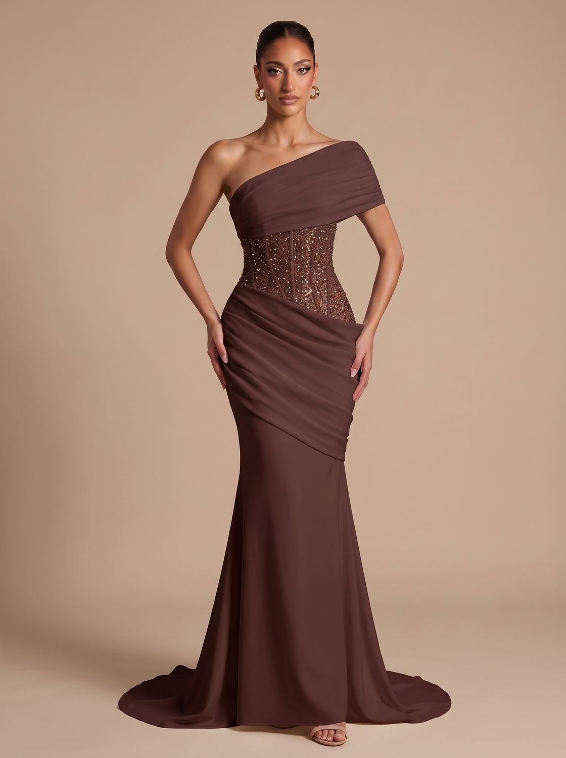Elegant Formal Wedding Guest Gown for Women with One-Shoulder Embellished Corset Draped Floor-Length Style
