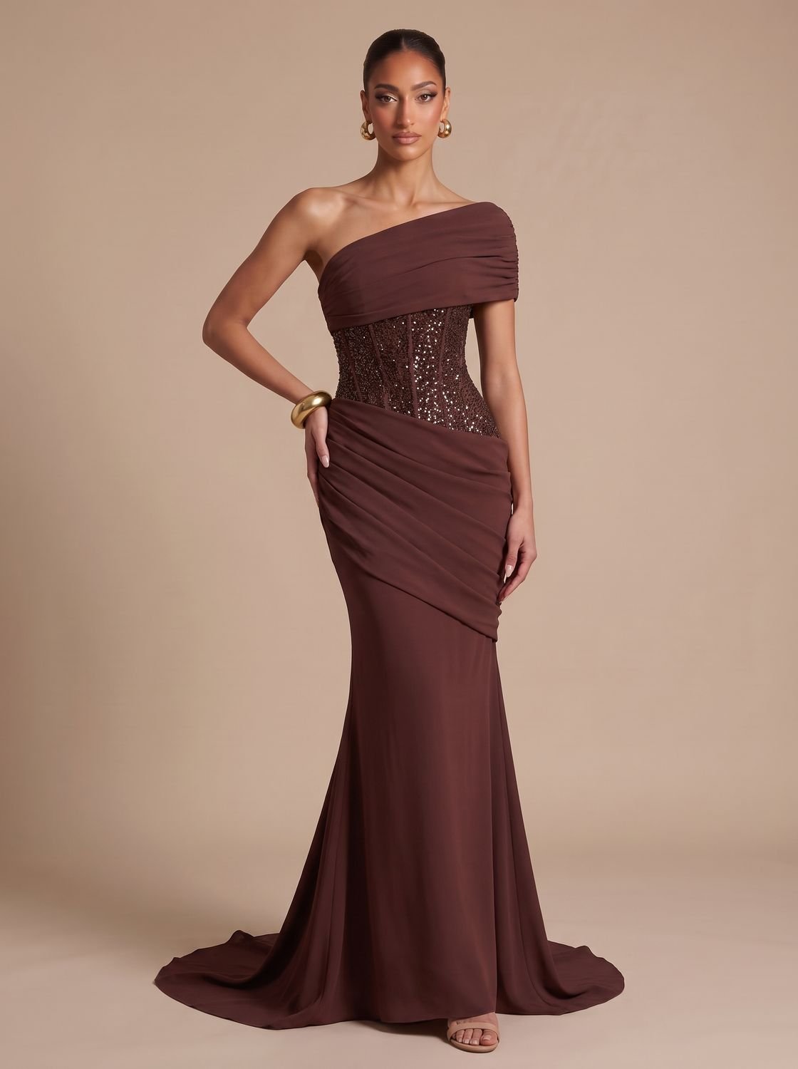 Elegant Formal Wedding Guest Gown for Women with One-Shoulder Embellished Corset Draped Floor-Length Style