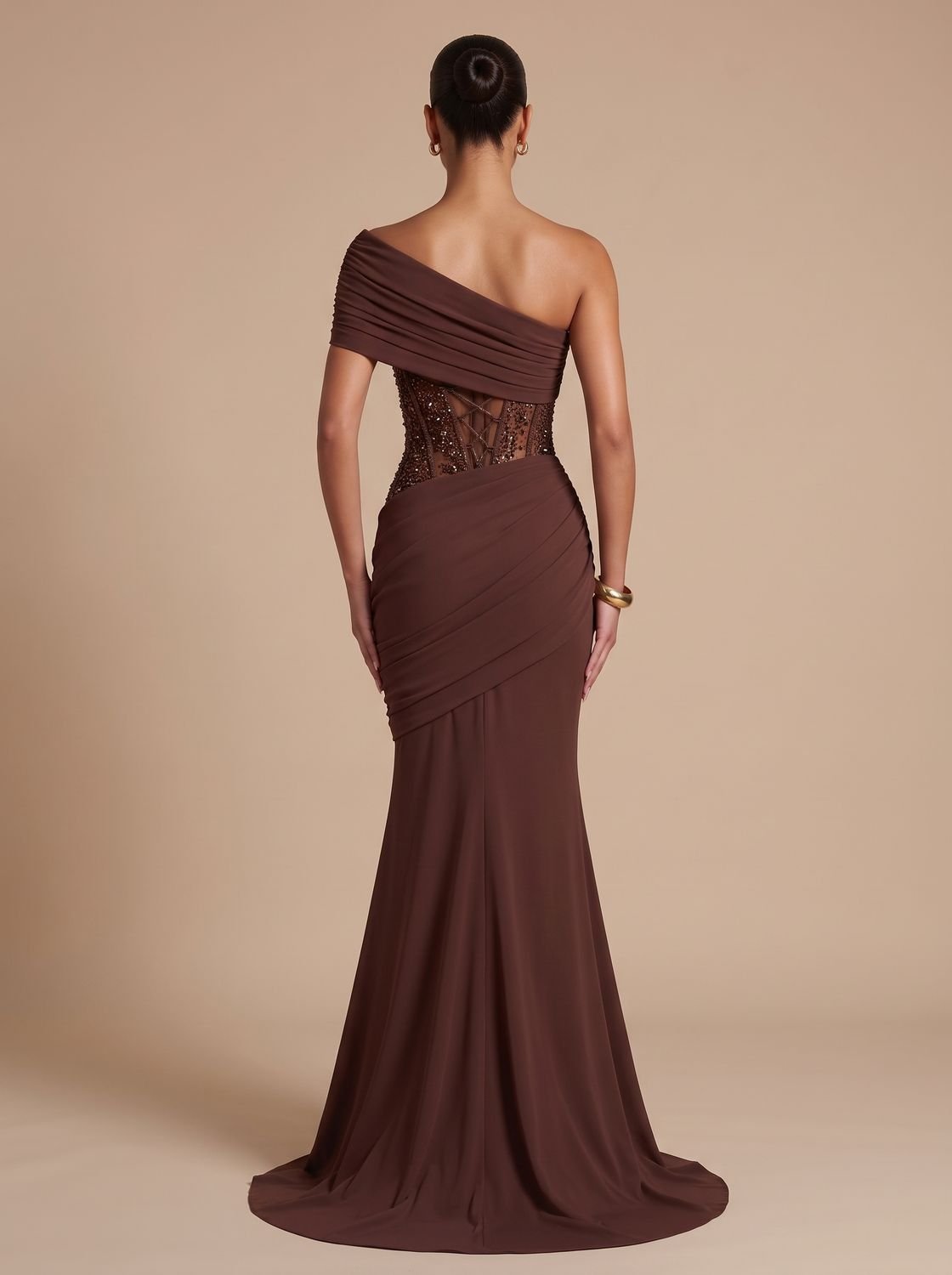 Elegant Formal Wedding Guest Gown for Women with One-Shoulder Embellished Corset Draped Floor-Length Style