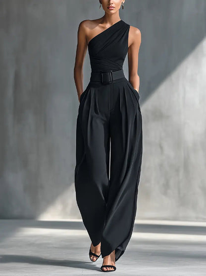 Elegant Black Jumpsuit for Women with One Shoulder Belted Wide Leg Formal Style